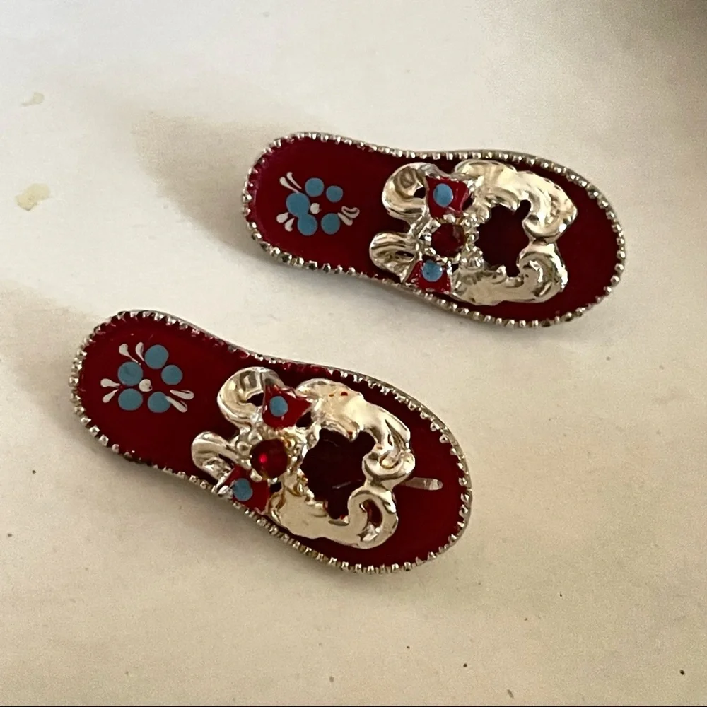 Vintage Red Flip Flops Gold Tone Rhinestone Italian Hand Painted Brooch